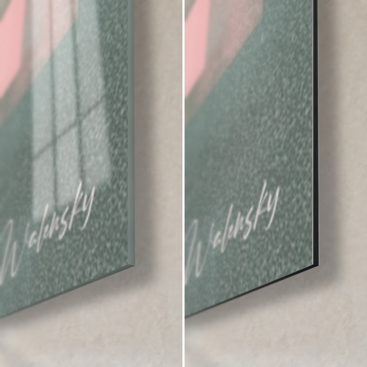 Cuadro composición gráfica pastel, esquina inferior derecha: vidrio acrílico brillante y aluminio Dibond mate, canto de 3 mm, verde grisáceo