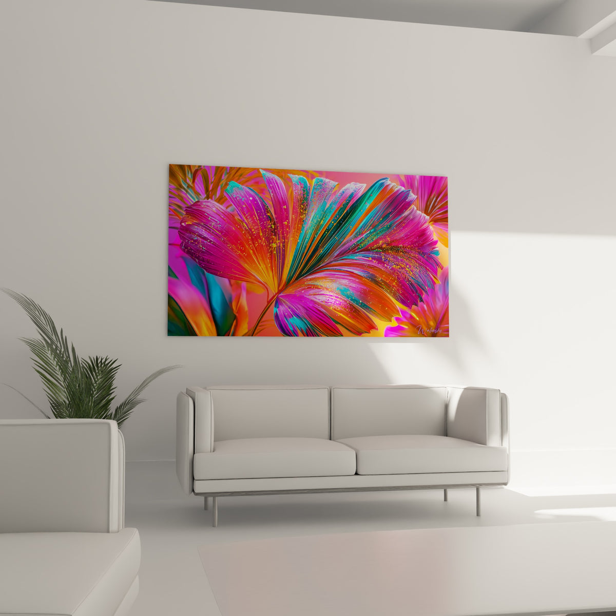 Feuillage exotique fuchsia et turquoise scintillant, positionné au-dessus d'un canapé dans un salon lumineux