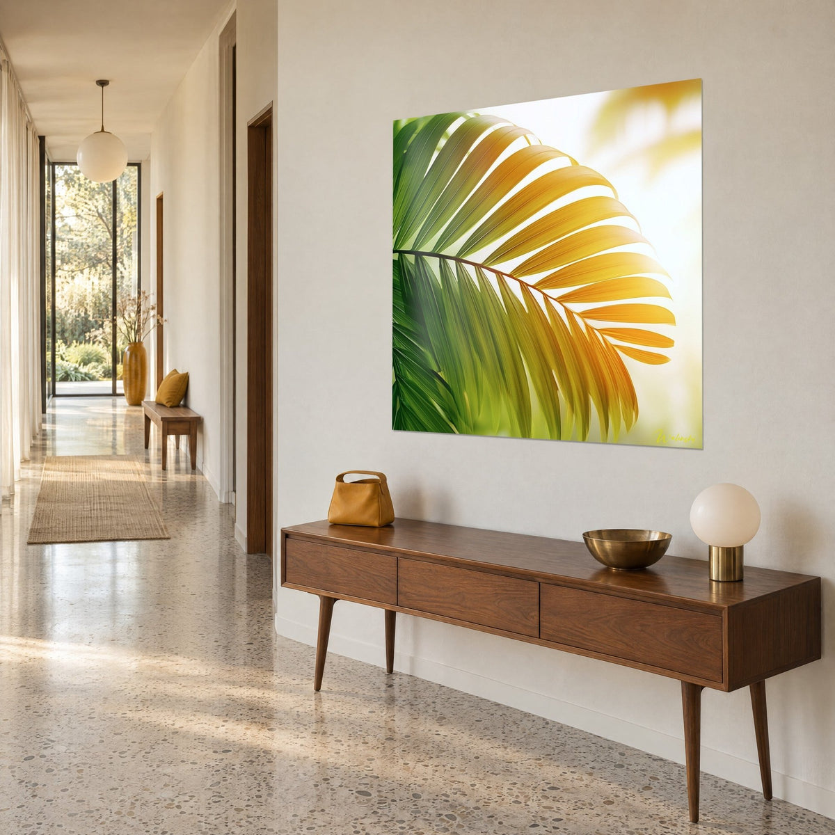 Wall art palm leaf with golden veins on a bright white background, hung above a sideboard in a hallway