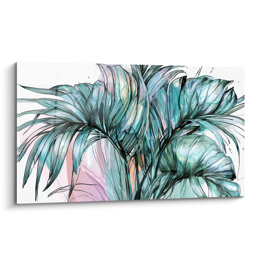 Tableau Feuilles turquoise et rose pâle esquissées à l'encre - Croquis botanique aquarellé - Edition Feuille de palmier