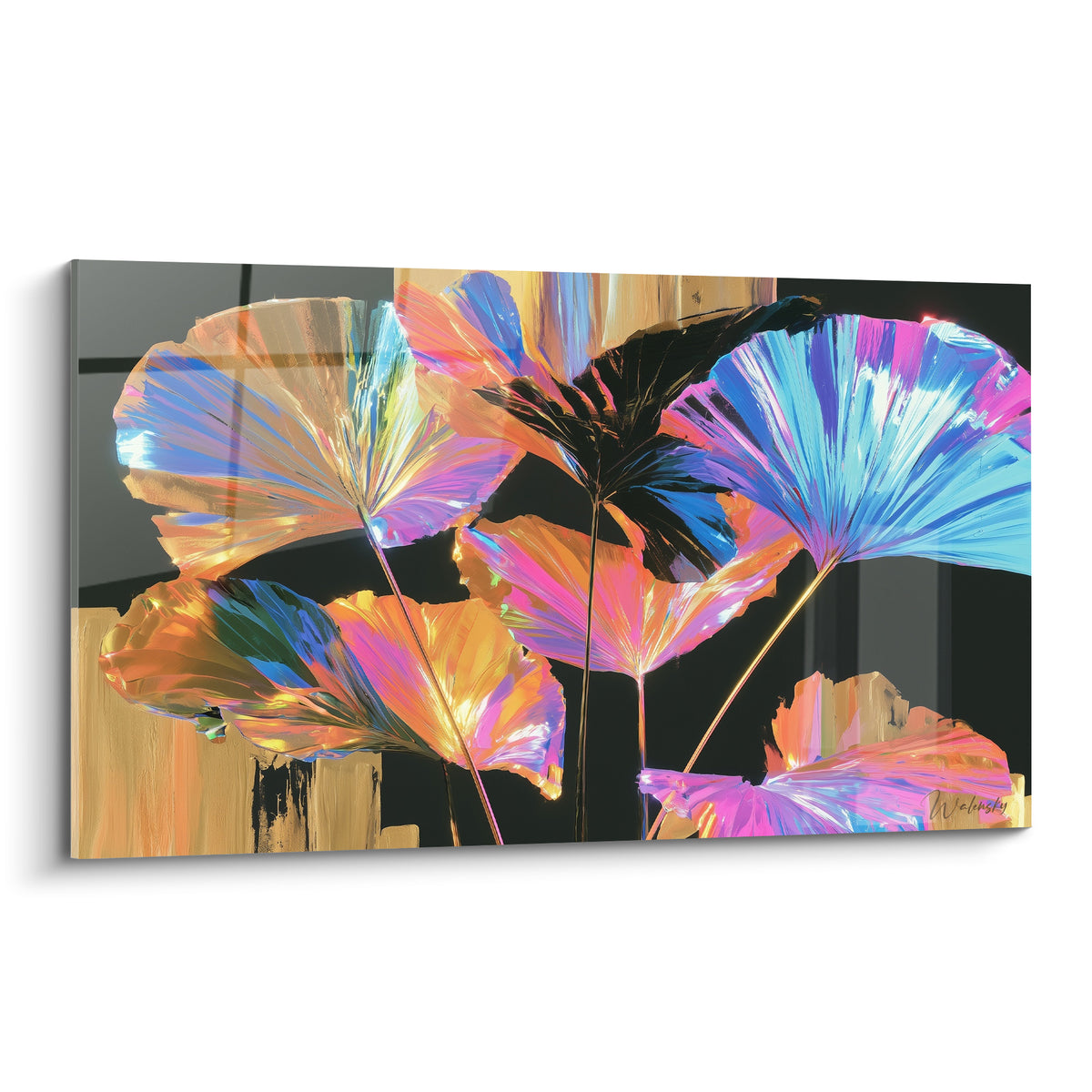 Feuilles de palmier turquoise et fuchsia aux reflets métalliques sur fond noir et doré