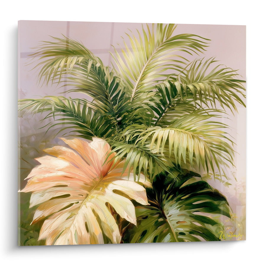 Tableau Palmier vert et corail aux larges feuilles - Oasis lumineuse - Edition Feuille de palmier