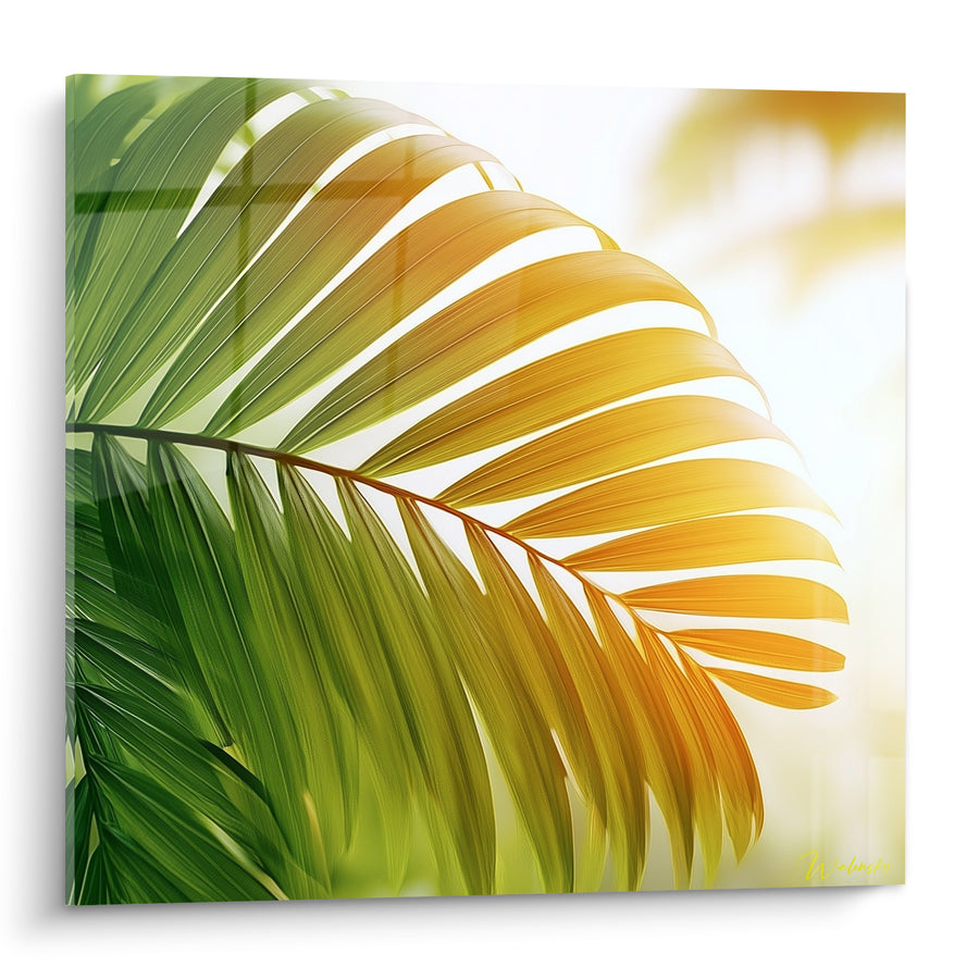 Tableau Palme verte et dorée à contre-jour - Éveil sous le soleil - Edition Feuille de palmier