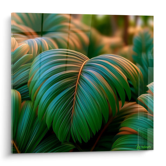 Feuille de palmier vert émeraude aux nervures dorées, gros plan pictural sur fond tropical flou