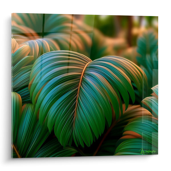 Tableau Feuille tropicale verte aux nervures dorées - Souffle tropical - Edition Feuille de palmier
