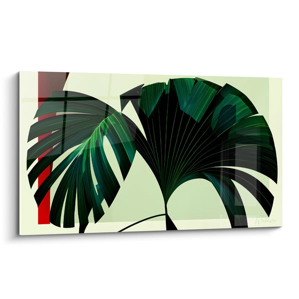 Tableau Feuilles éventail vert et noir sur bande rouge - Fond vert pâle uni - Edition Feuille de palmier