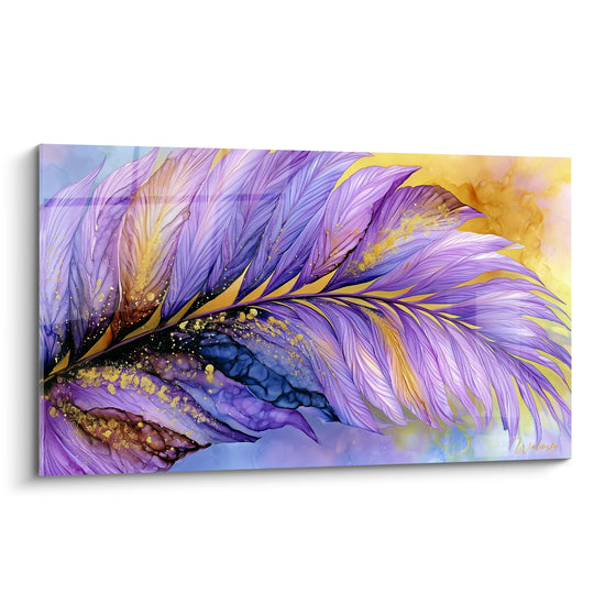 Feuille de palmier violette et dorée aux nervures fines, style aquarelle fluide sur fond jaune lumineux
