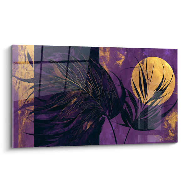 Tableau Feuilles noires violettes et lune dorée - Éclipse tropicale - Edition Feuille de palmier