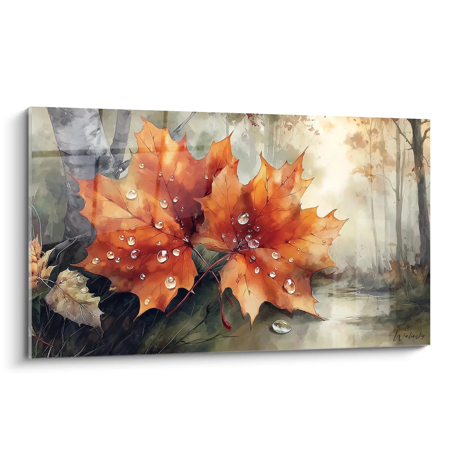 Walensky tableau feuille d'érable automne montre grandes feuilles d'érable orange avec gouttes de rosée sur fond de forêt brumeuse