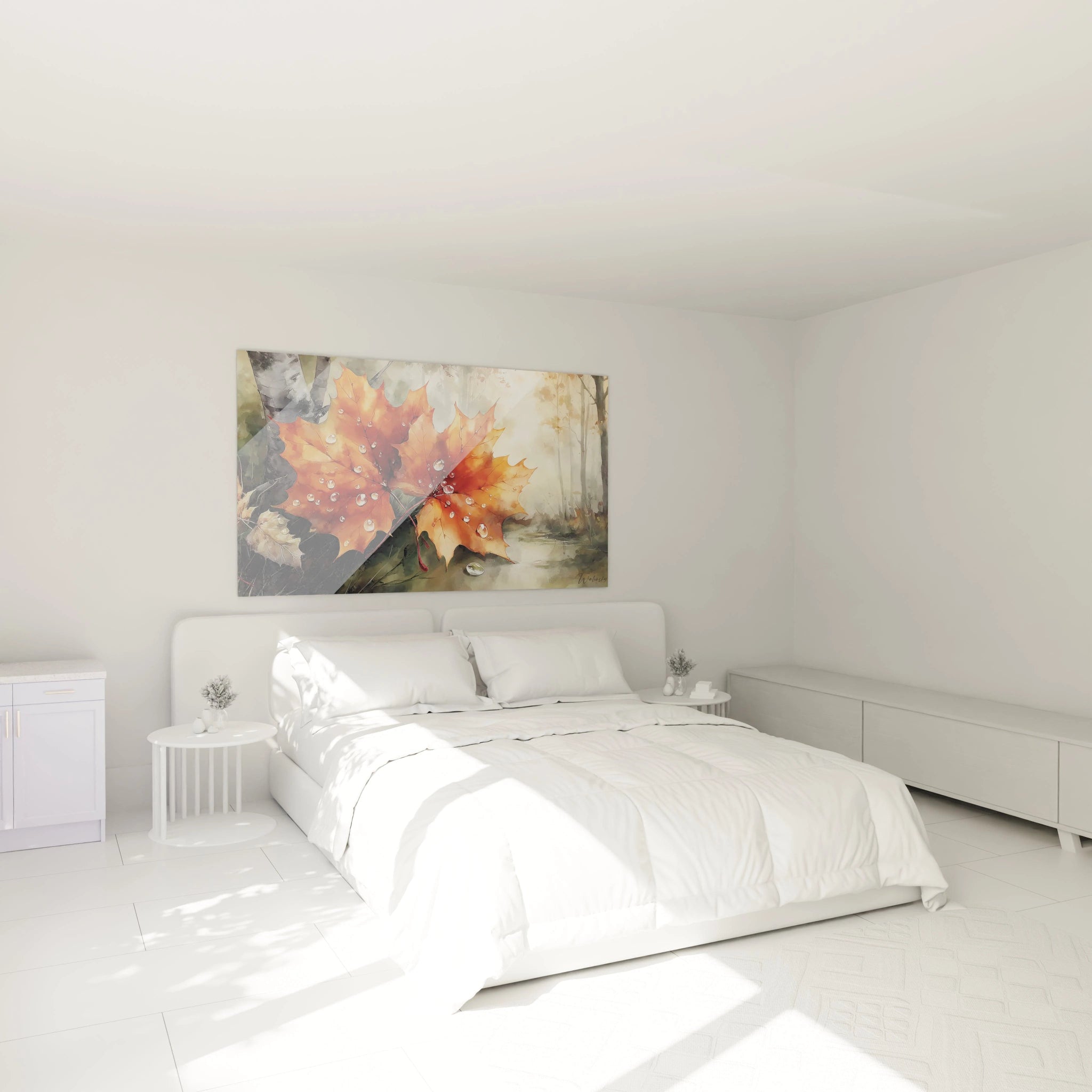 Walensky tableau feuille d'érable automne grand format accroché au dessus d un lit blanc dans une chambre minimaliste