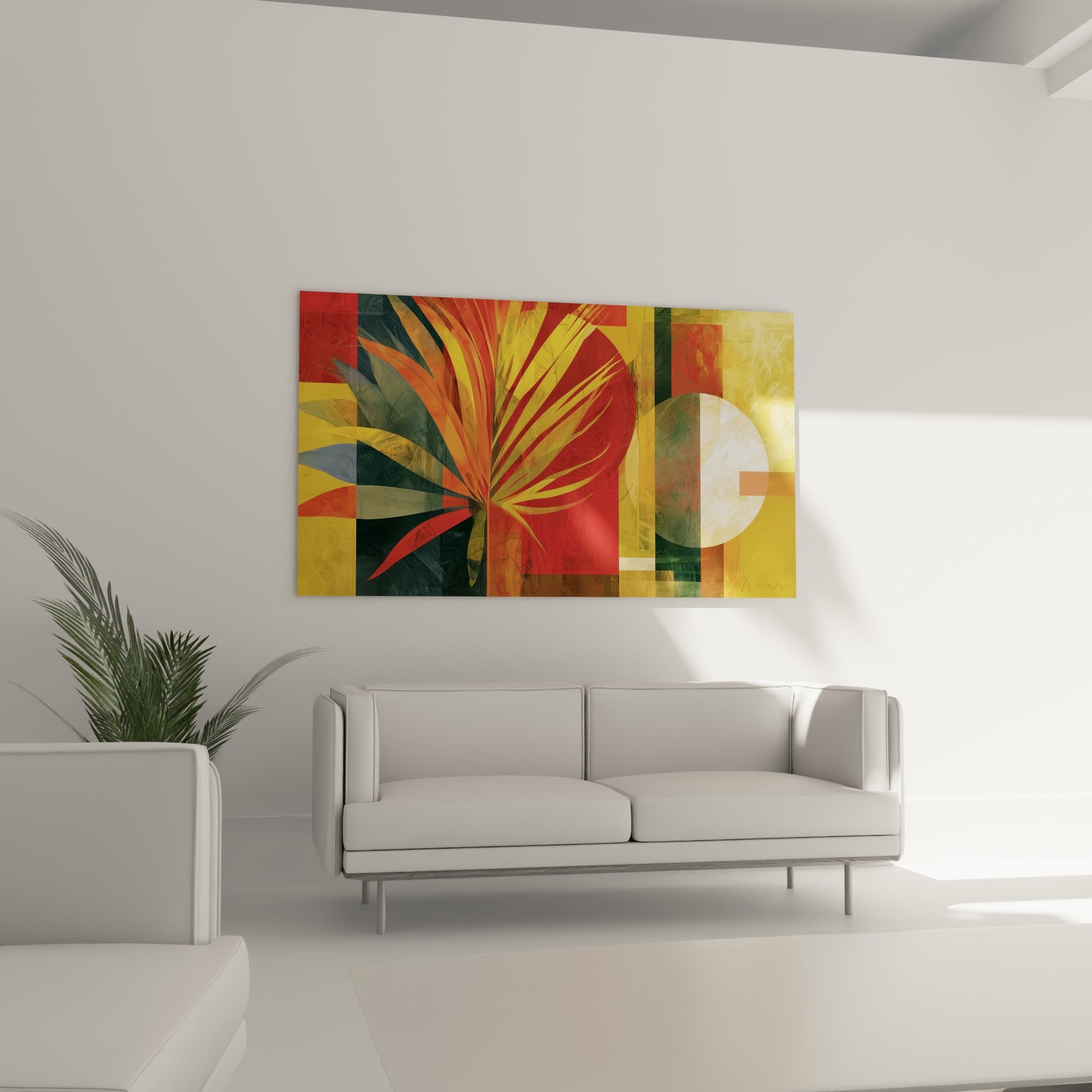 Composition tropicale rouge et vert anthracite représentant une feuille de palmier, au-dessus d'un canapé dans un salon lumineux