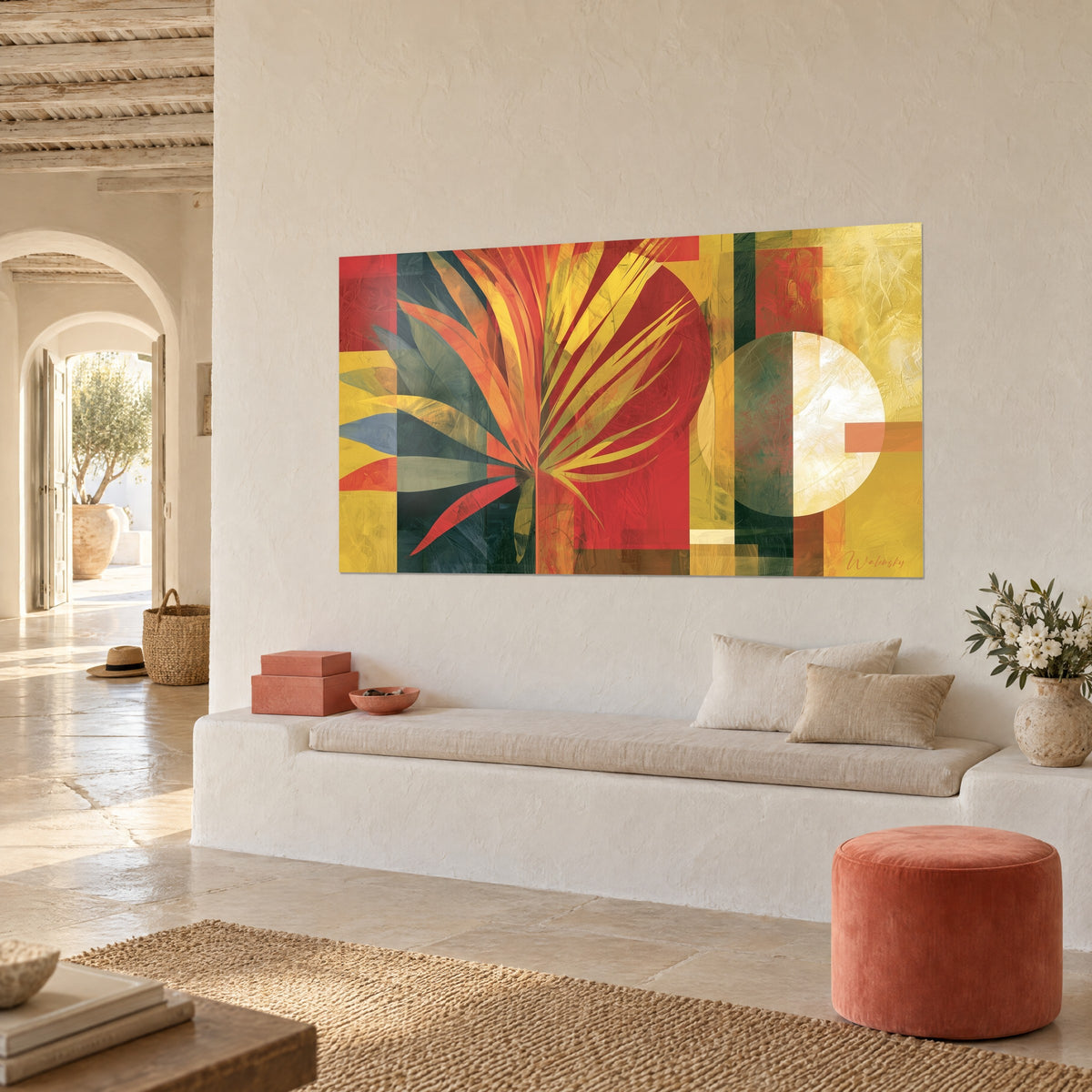 Wall art with orange leaves and fir green on carmine blocks and an ivory disc, whitewashed wall, white bench in an alcove