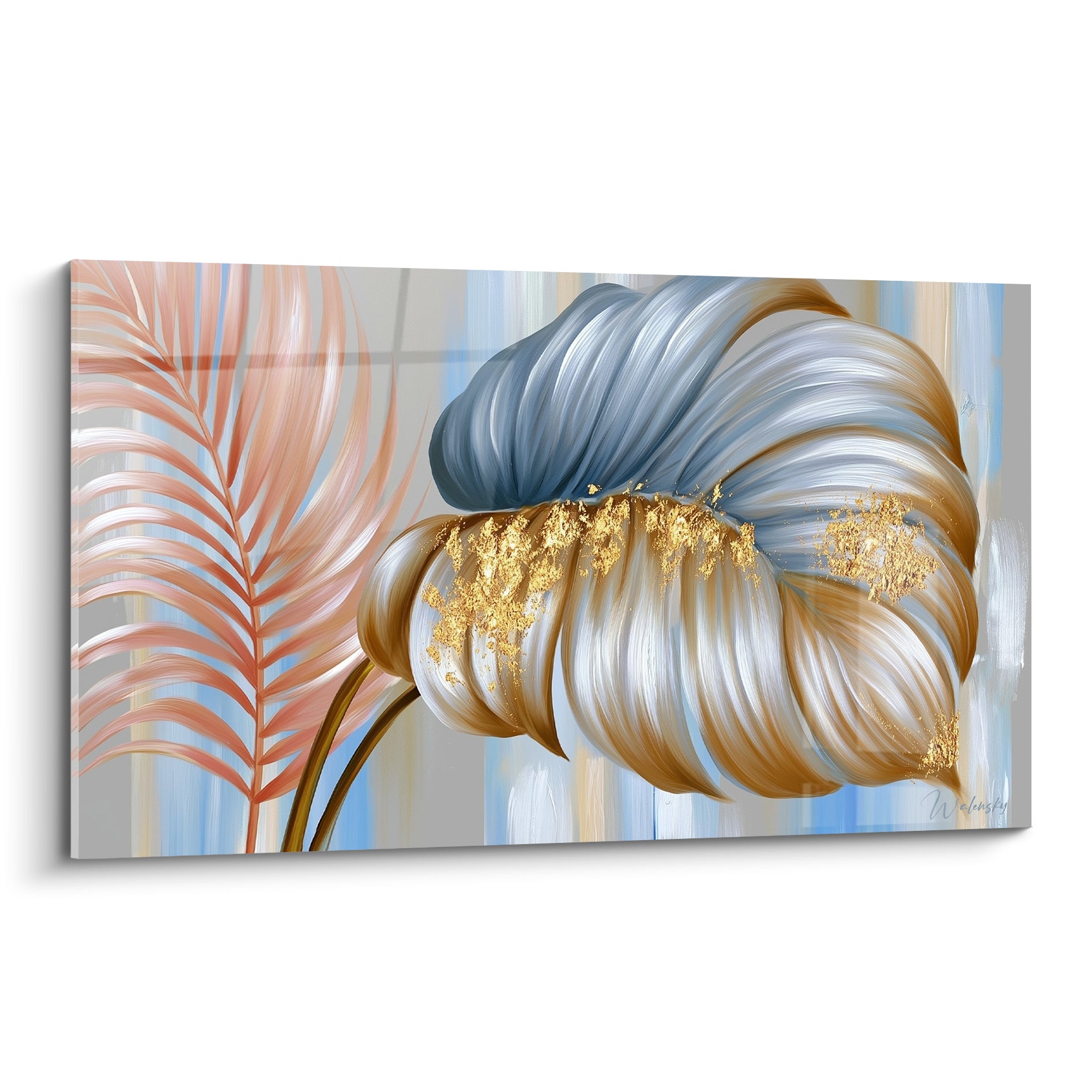 Feuille de palmier bleu ardoise et doré déployée, palme corail à gauche, fond gris pastel