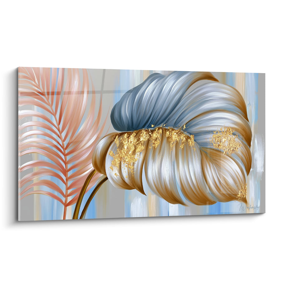 Tableau Palme bleue et dorée aux nervures sculptées - Éclosion précieuse - Edition Feuille de palmier