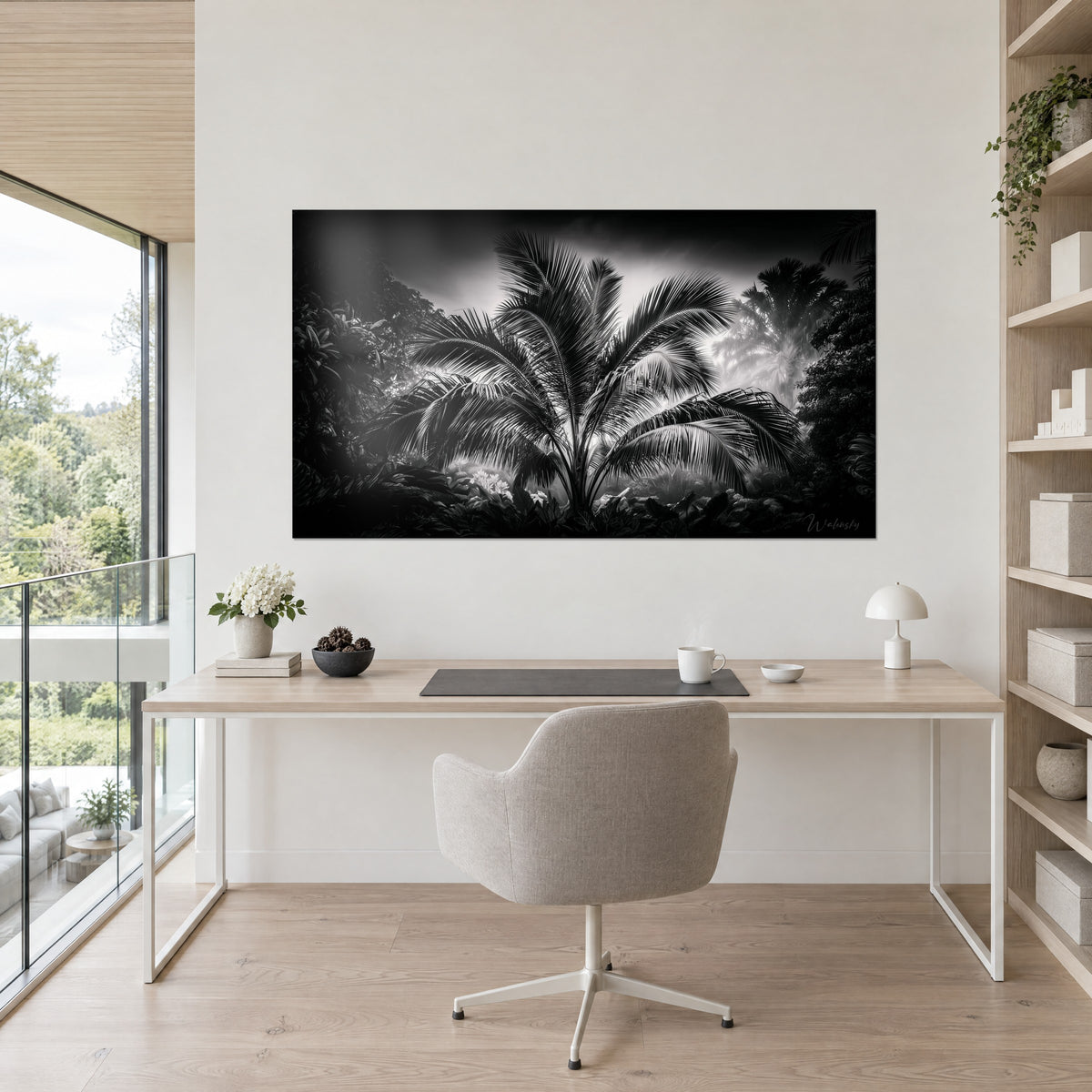 Tableau arbre exotique gravé de noir et de blanc, palmes striées cernées de feuillage obscur, face à un bureau en bois clair