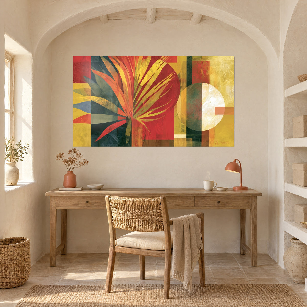 Wall art with tropical burst of red leaves and sunny yellow, large whitewashed arch, light wood desk, terracotta lamp