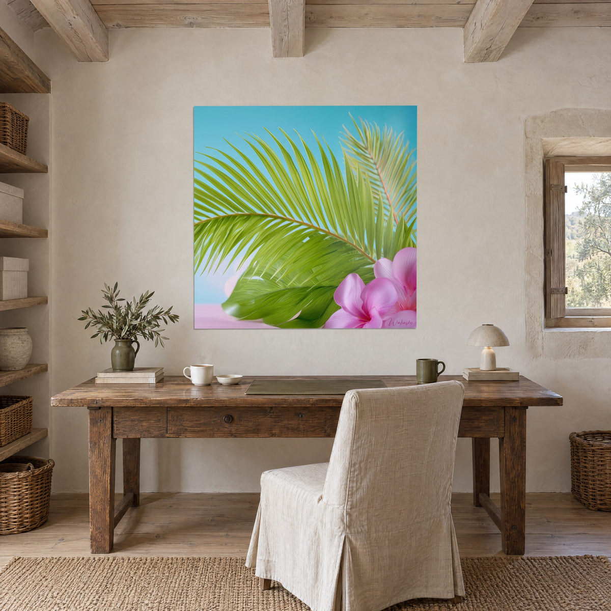Tableau branche de palmier vert olive clair, fleurs rose poudré et fond azur, accroché au mur d'un bureau en pierre