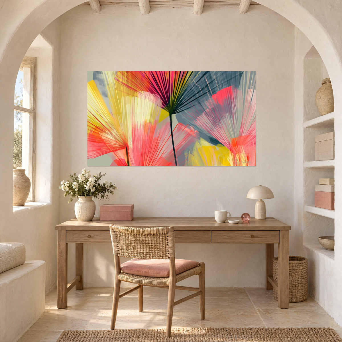 Wall art of an exploding fan of pink and yellow veins on a grey background, hung above a light wooden desk under an arch