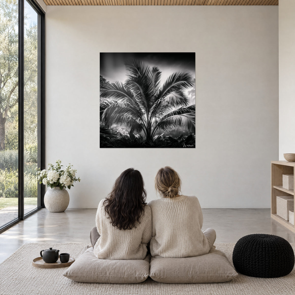 Wall art black and white exotic vegetation, fan-shaped fronds against a misty sky, white living room wall, two women seated from behind