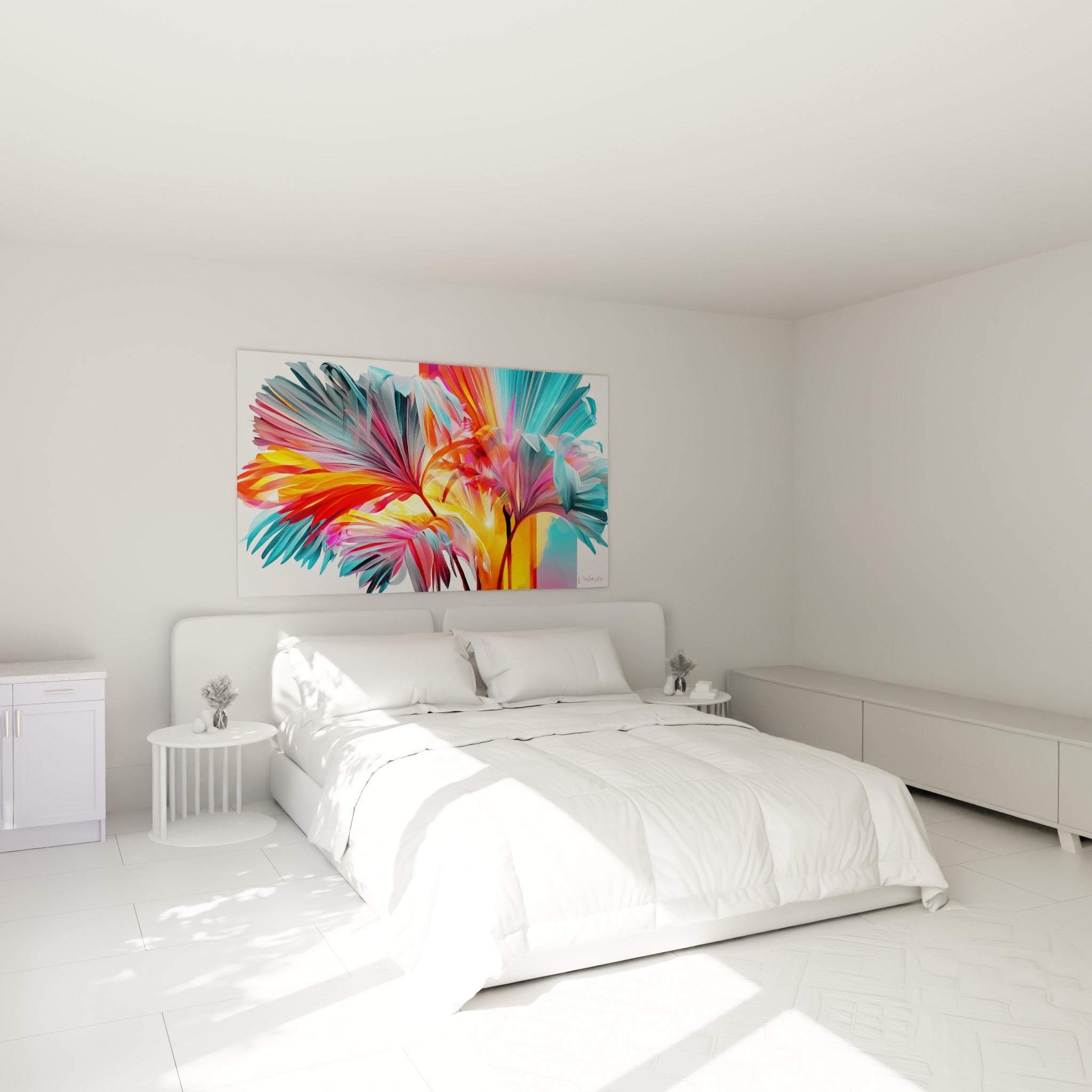 Palmes corail et anthracite en pleine explosion lumineuse accrochées au-dessus d'un lit dans une chambre claire