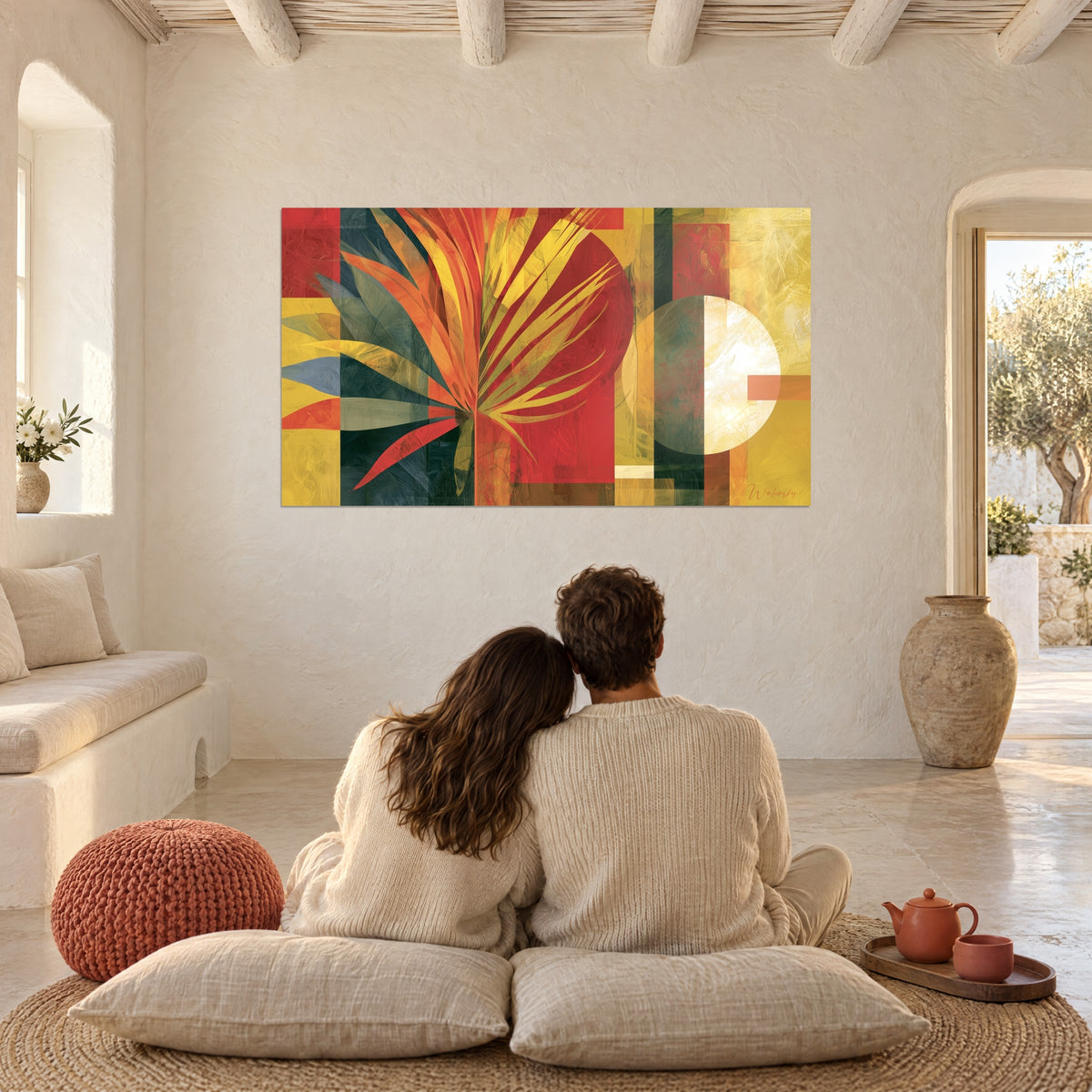 Wall art with a bundle of scarlet and golden palm fronds, glowing white disc, plastered wall, couple sitting on cushions on the floor