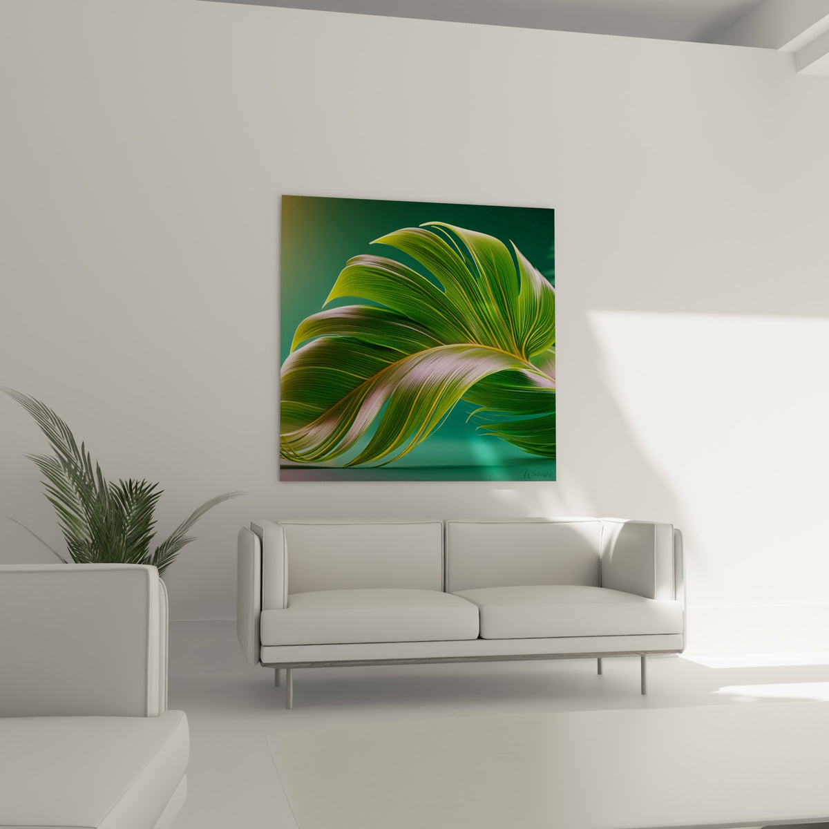 Courbe végétale vert émeraude et rose pastel accrochée au-dessus d'un canapé dans un salon lumineux