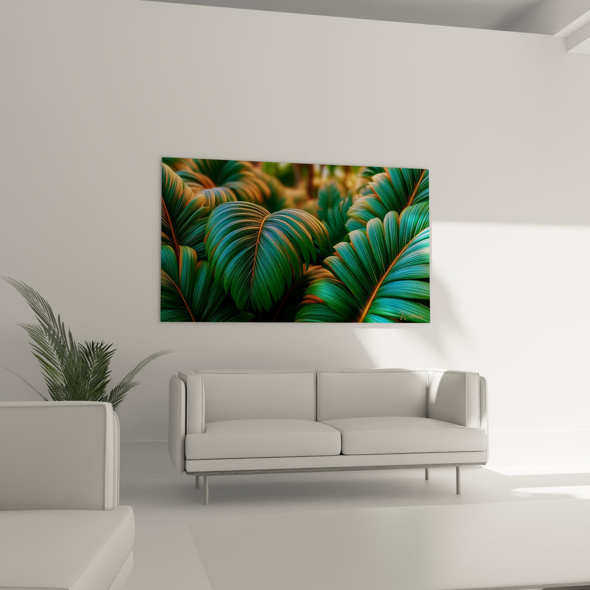 Larges feuilles de palmier turquoise et dorées superposées, accrochées au-dessus d'un canapé dans un salon lumineux