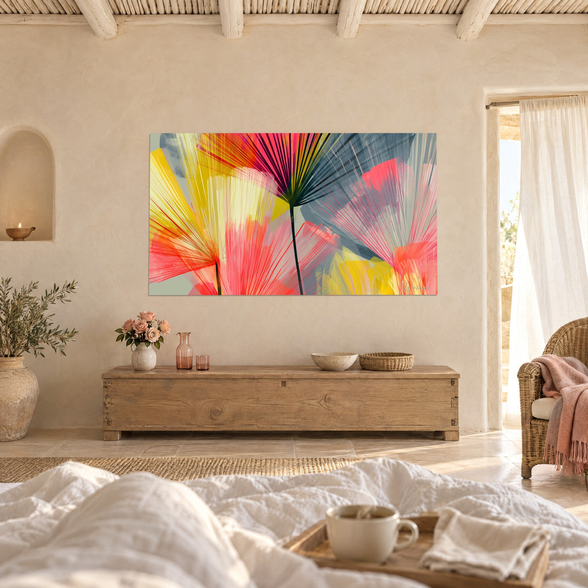 Wall art of bright red and mustard yellow palm fans, fine veins on grey, hung above a bed in a light bedroom