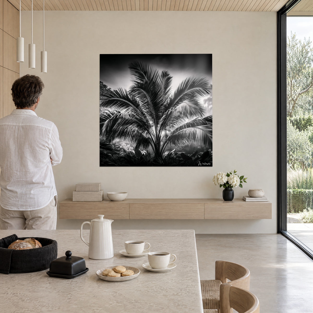 Wall art arched palm frond in silhouette, silver veins on a pearl grey background, facing a man seen from behind in a sunlit living room
