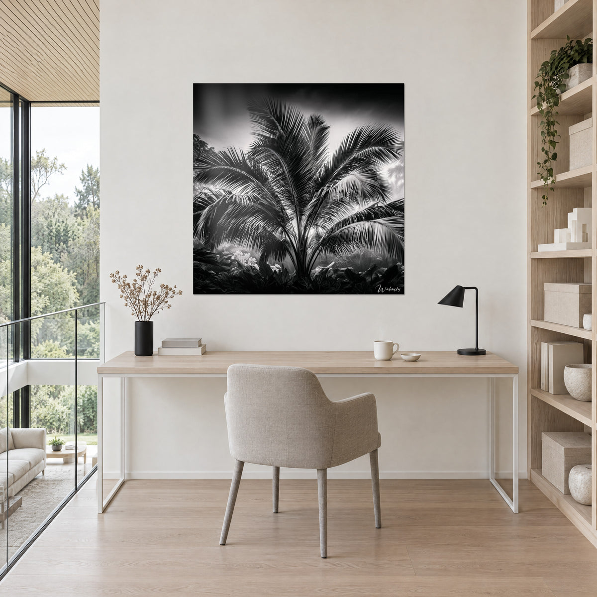 Wall art palm leaf wreath, deep black and mother-of-pearl white, on the wall of a office in light wood with a beige chair