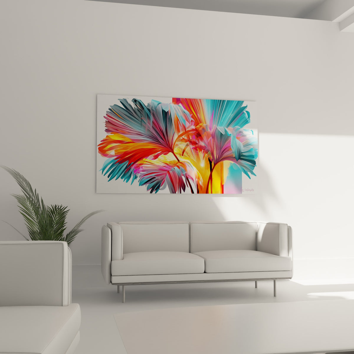 Palmier stylisé jaune doré et rose fuchsia rayonnant depuis un centre solaire au-dessus d'un canapé dans un salon lumineux