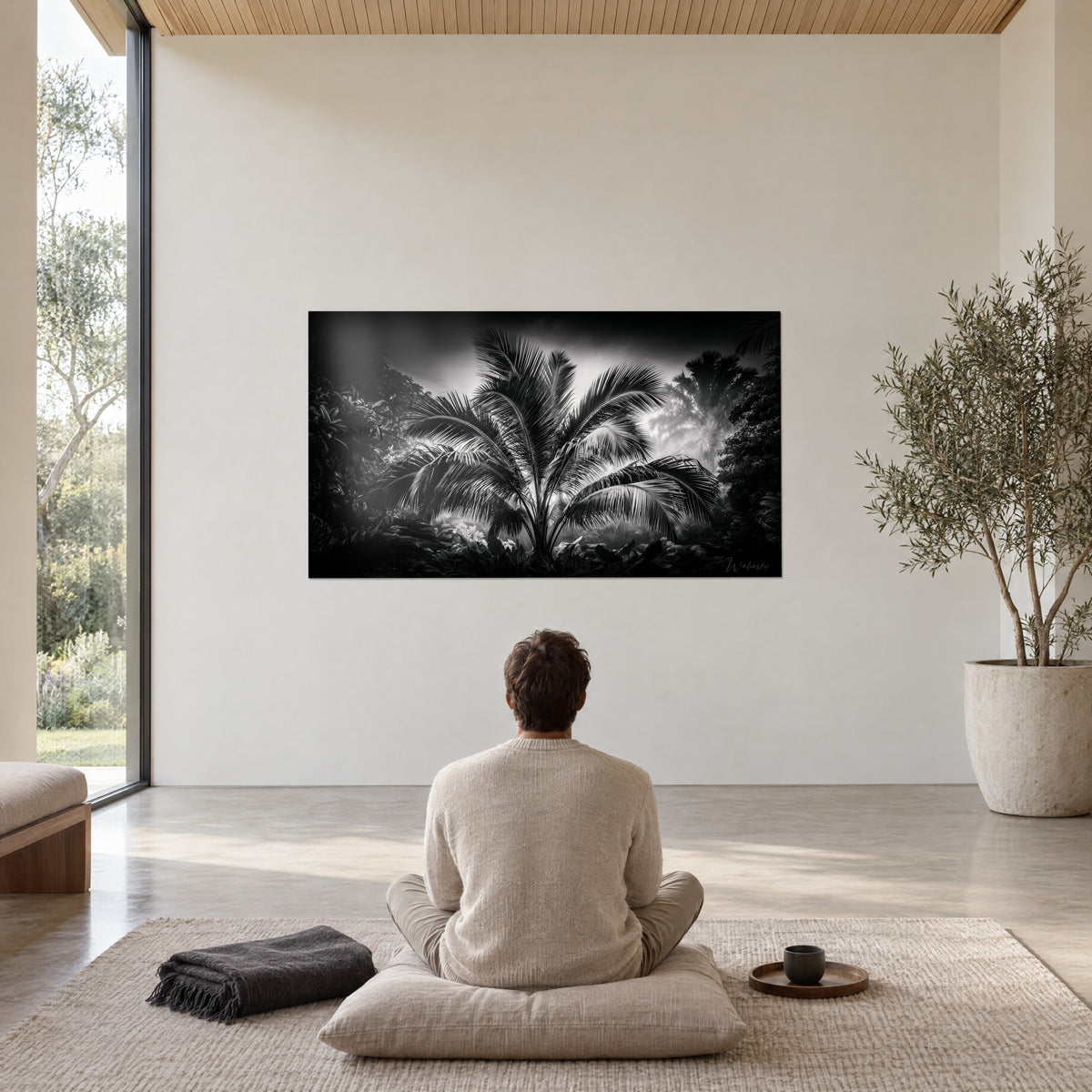 Tableau sous-bois tropical brumeux, silhouette d'un palmier noir contre un halo blanc, mur ivoire, homme assis en méditation