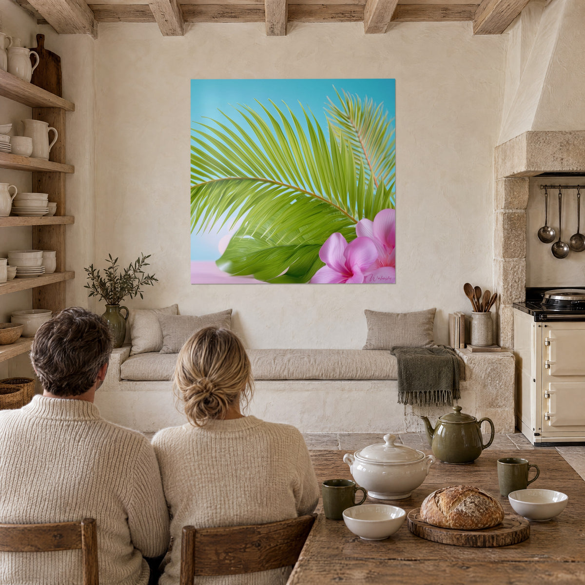 Tableau grande palme arquée vert pomme, orchidées roses en bas à droite, ciel bleu piscine, mur du séjour en pierre