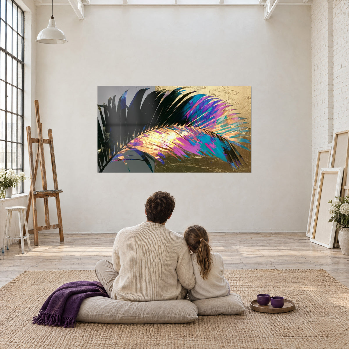 Tableau grande palme dorée aux reflets magenta, bleu et orange, parent et enfant assis de dos sur un tapis face au mur du loft