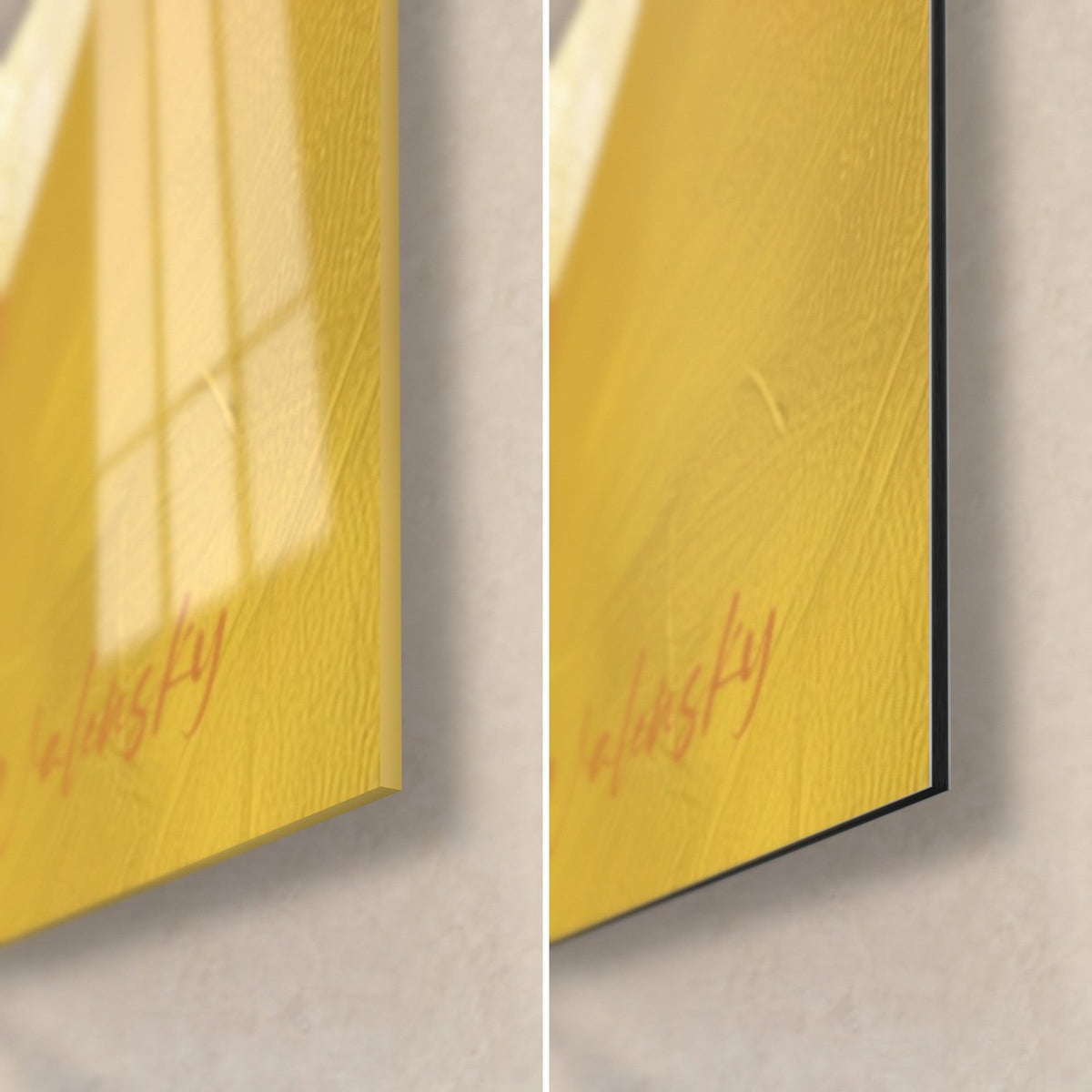 Wall art with a fan palm in the bottom right corner: glossy glass reflecting the window, matte black Dibond, mustard yellow background