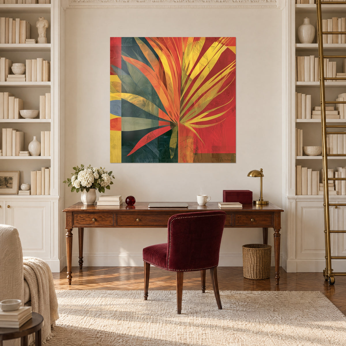 Wall art unfurling palm fronds in lemon and coral on brick red background, between two white bookshelves in an office