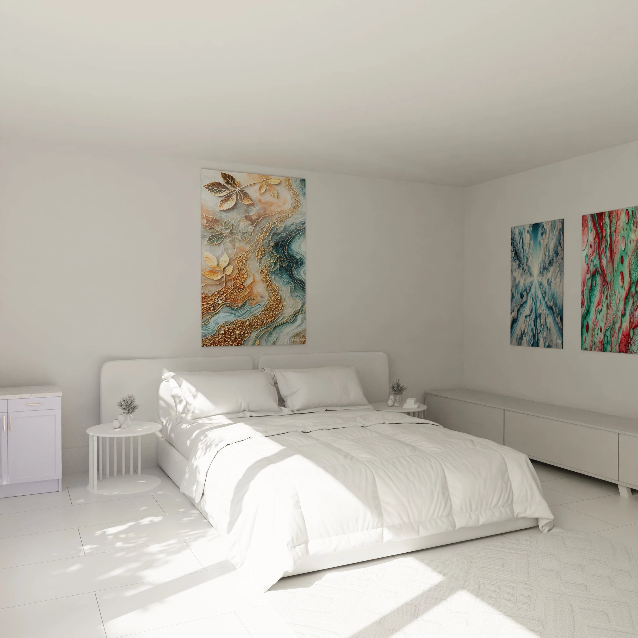 tableau style epoxy dans chambre ambiance apaisante feuilles dorees nuances aquatiques reflets lumière inspiration automnale touche de serenite et raffinement parfait au-dessus lit ambiance nature


