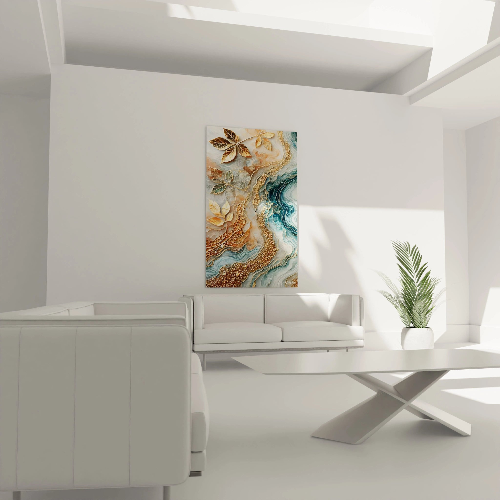 tableau style epoxy au-dessus canapé salon feuilles dorees textures epoxy dorures élégance nature abstraction vagues bleu beige ambiance sereine et luxueuse effet artistique captivant pièce centrale

