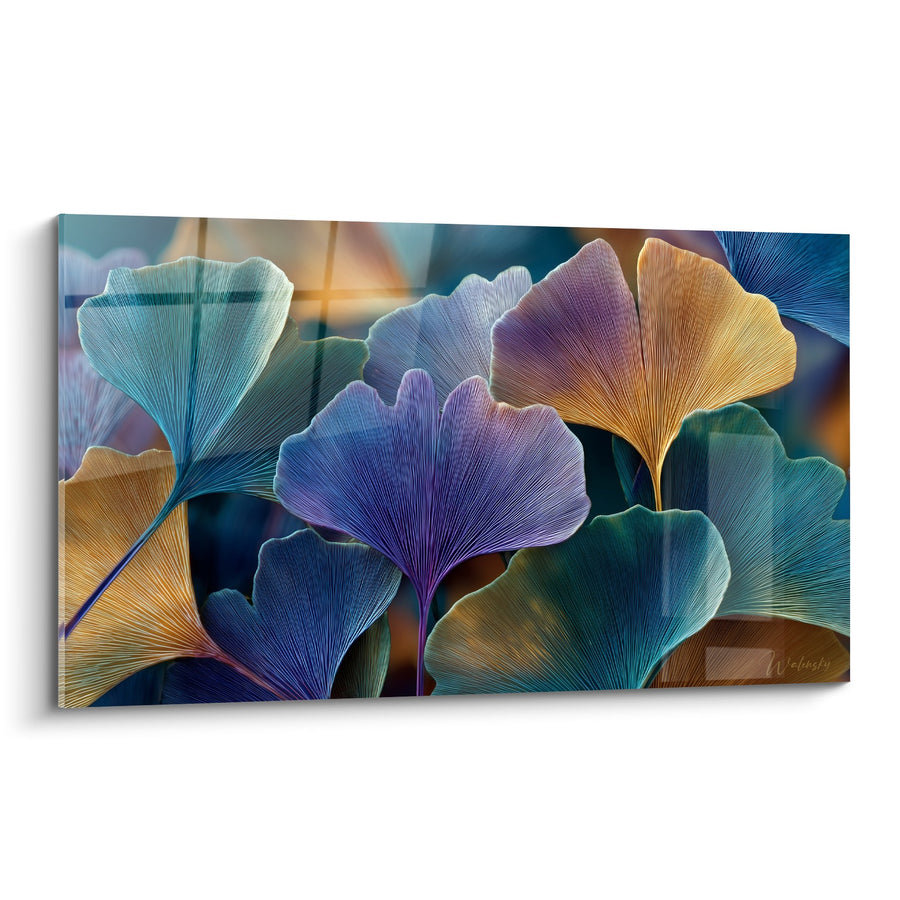 Tableau Feuilles Ginkgo Multicolores Bleu Turquoise Doré - Harmonie Végétale - Edition Ginkgo