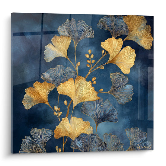 Tableau mural feuilles de ginkgo dorées et bleues sur fond indigo, art végétal contemporain décoratif
