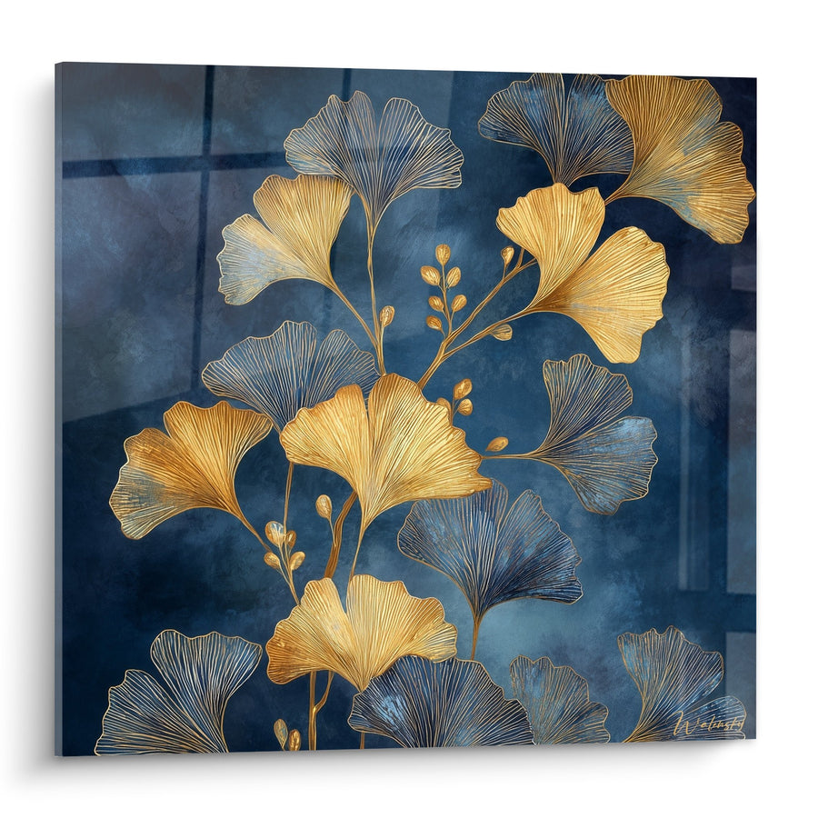 Tableau feuilles de ginkgo dorées et bleues sur fond indigo - Élégance végétale - Edition Ginkgo