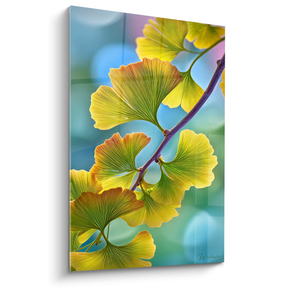 Schilderij met gouden ginkgobladeren op tak met turkooisblauwe achtergrond - Herfstgloed - Ginkgo Editie