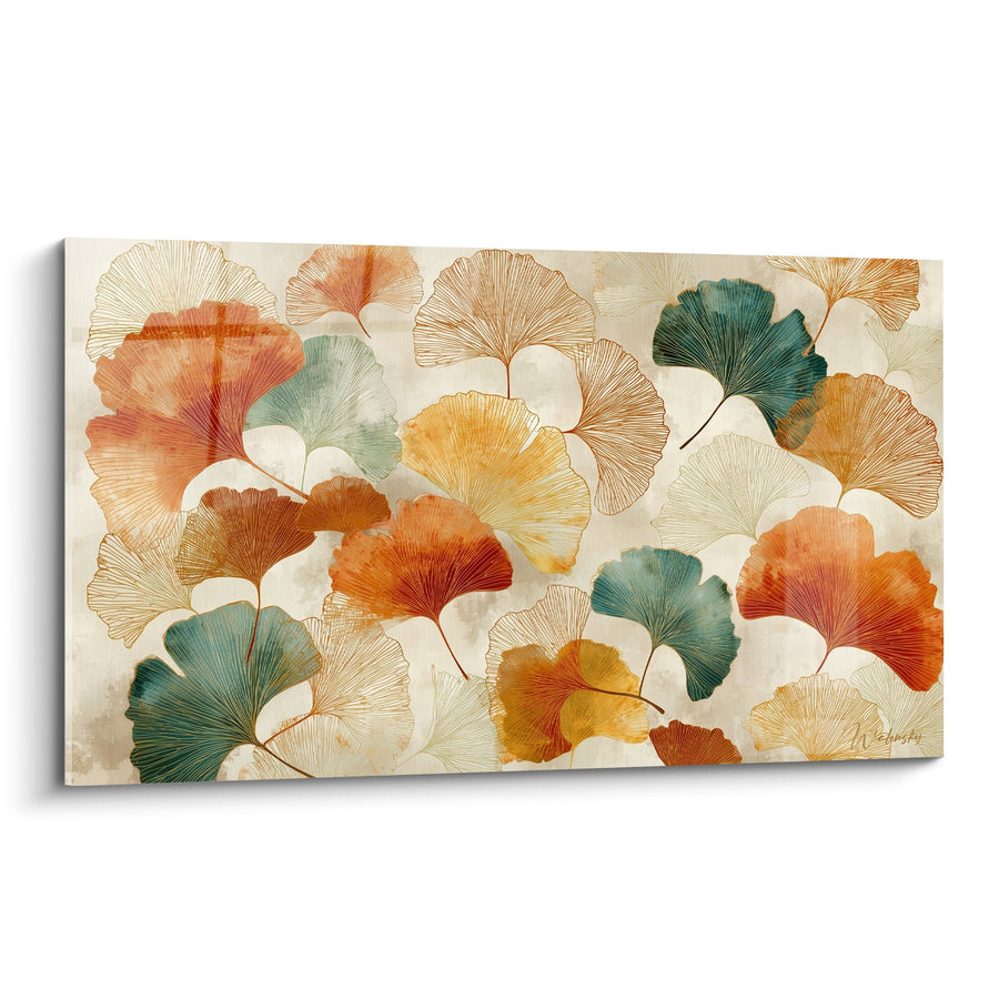 Tableau feuilles ginkgo multicolores orange turquoise dorées - Éventail d'Automne - Edition Ginkgo