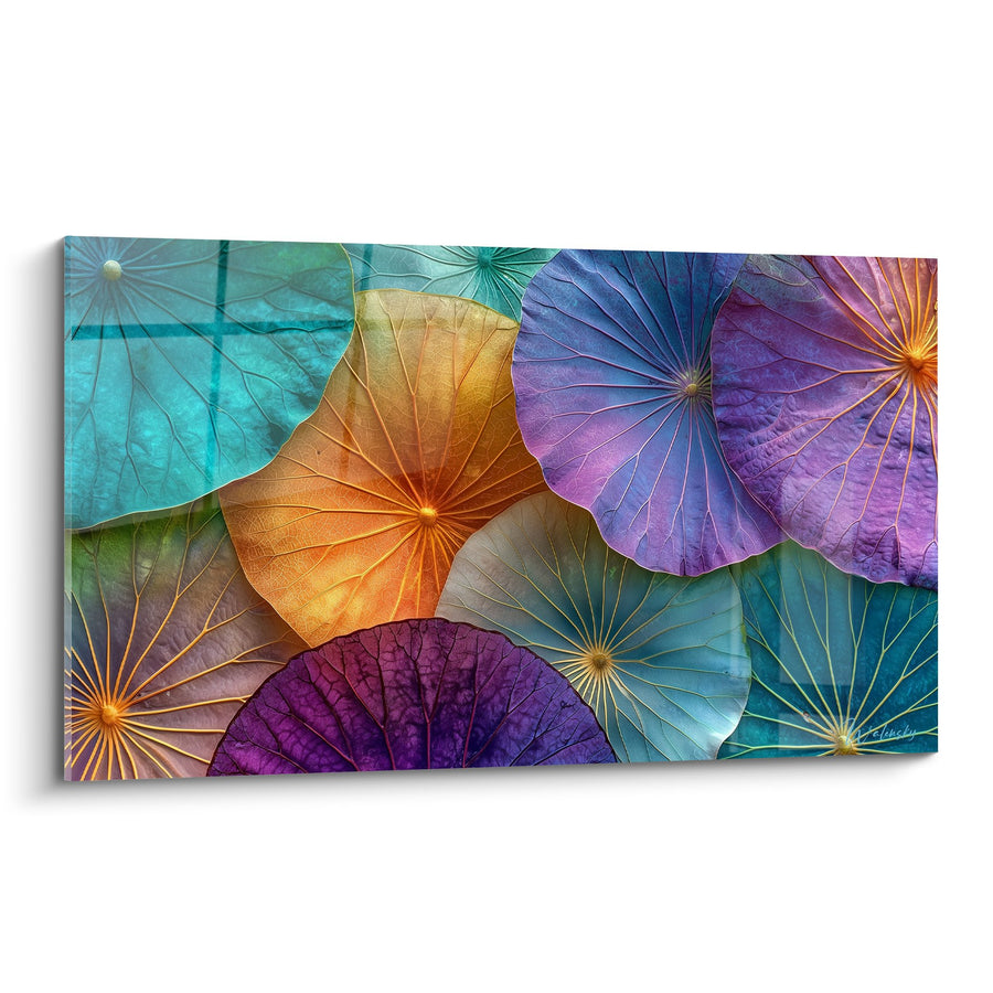 Tableau Feuilles de Lotus Multicolores Turquoise Orange et Violet - Harmonie Aquatique - Edition Nénuphare