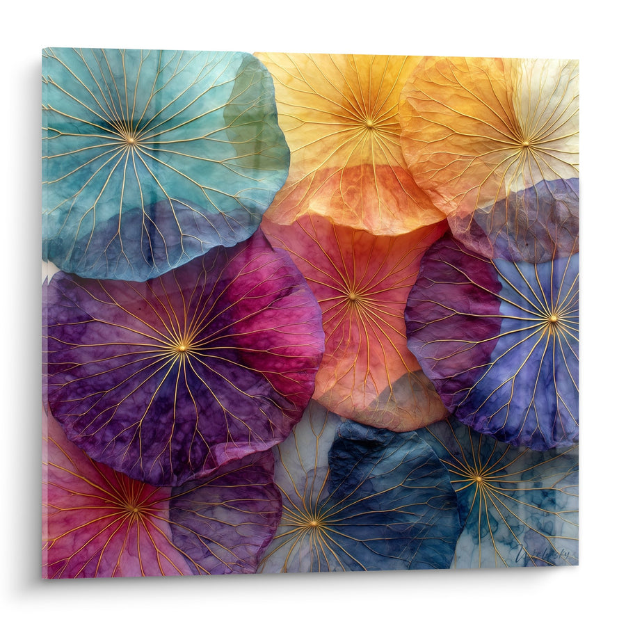 Tableau Feuilles de Lotus Multicolores aux Nervures Dorées - Symphonie Aquatique - Edition Nénuphare