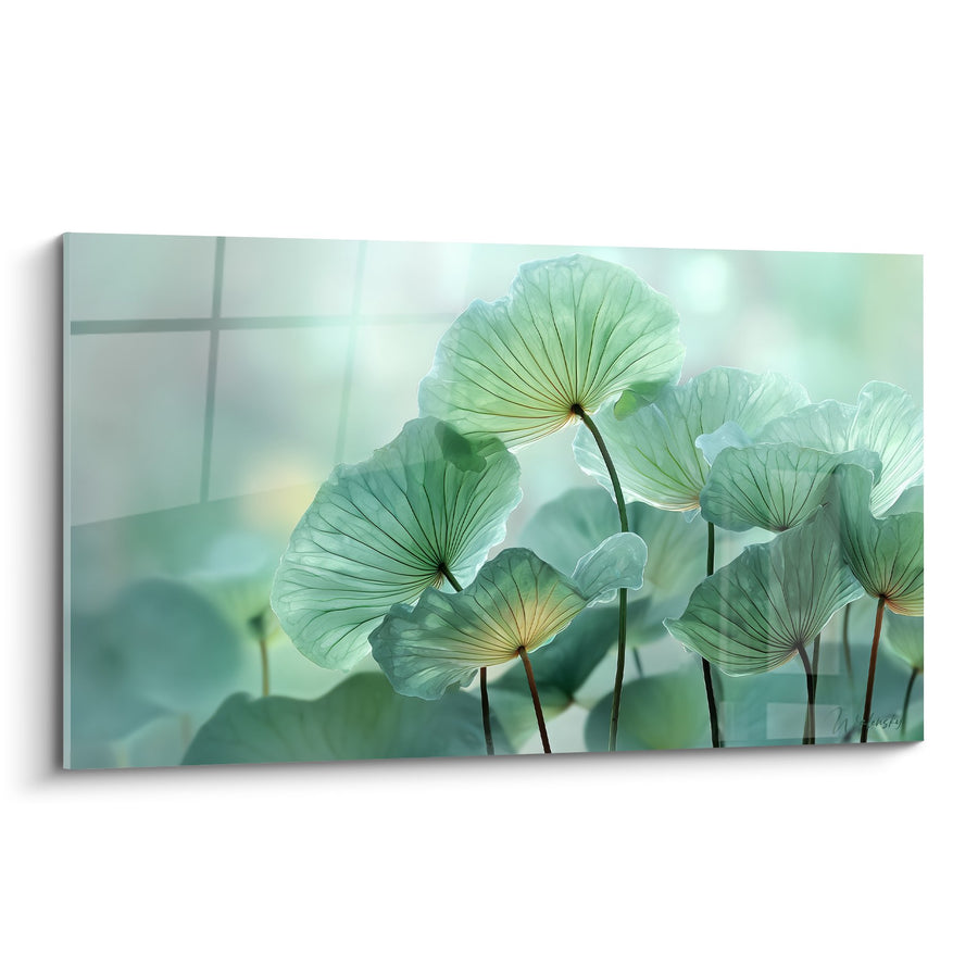 Tableau Feuilles de Lotus Translucides aux Tons Vert Jade - Sérénité Aquatique - Edition Nénuphare