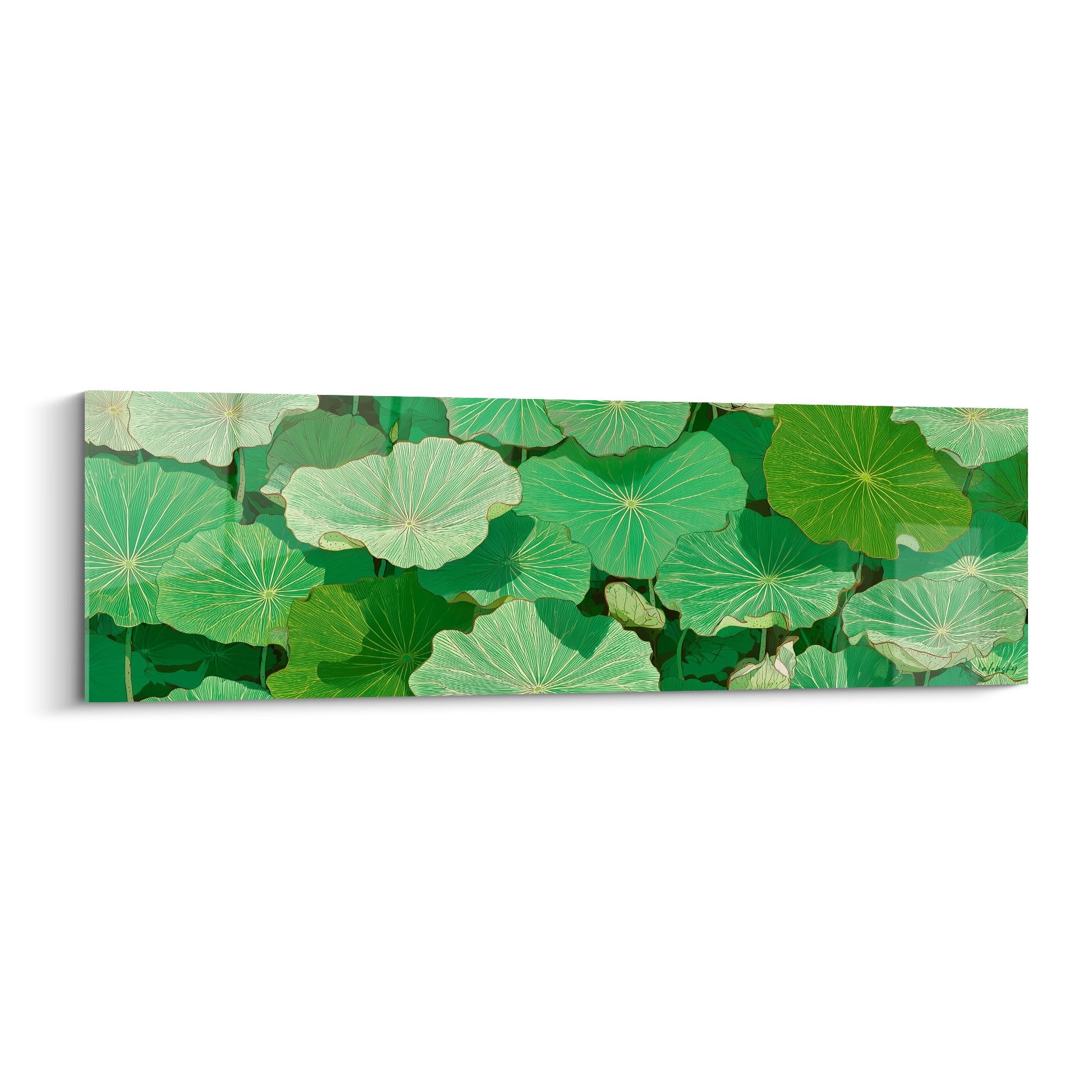 Tableau feuilles de lotus vertes aux veines dorees superposees ambiance aquatique apaisante Edition Nenuphar