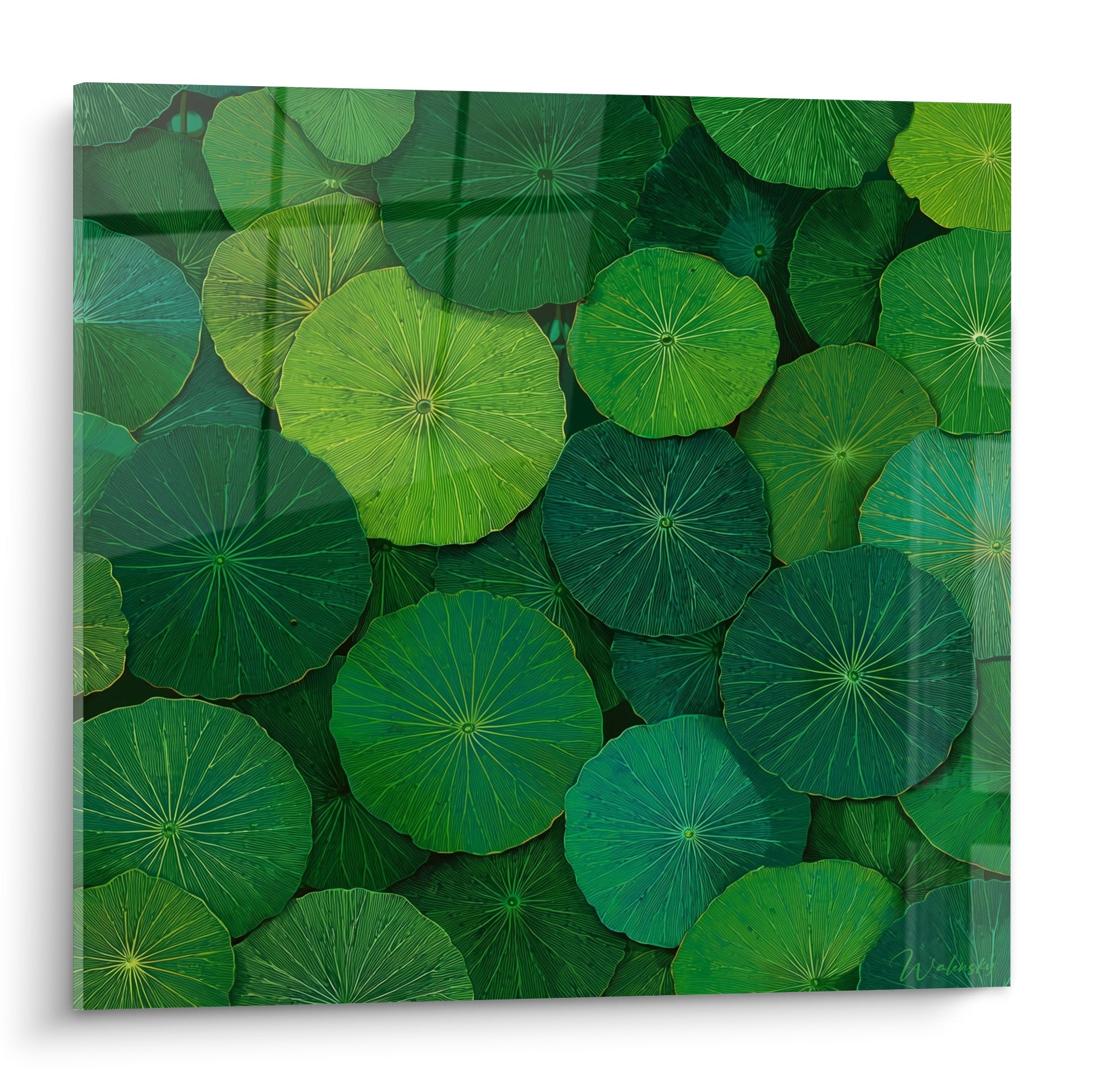 Tableau mosaique feuilles lotus vertes nuances jade emeraude nervures dorees Edition Nenuphar