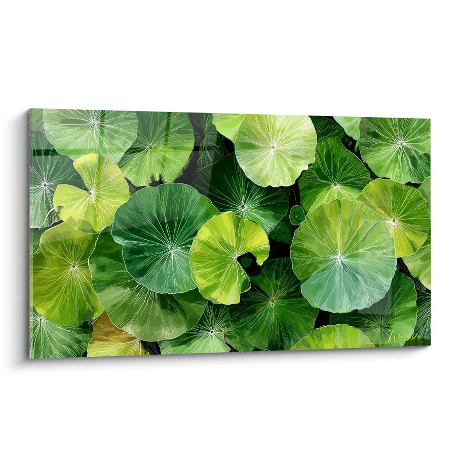 Tableau Feuilles de Lotus Vertes Luxuriantes en Vue Plongée - Jardin Aquatique - Edition Nénuphare