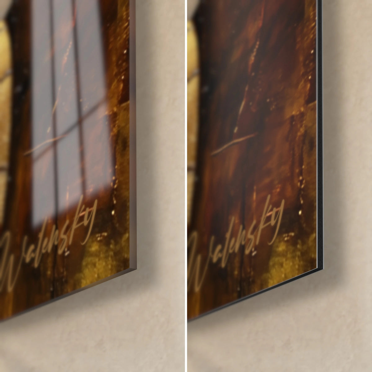 Schilderij met gouden bladeren, rechtsonder: glanzend acrylglas links, mat Dibond rechts, koperbruin en goud, signatuur